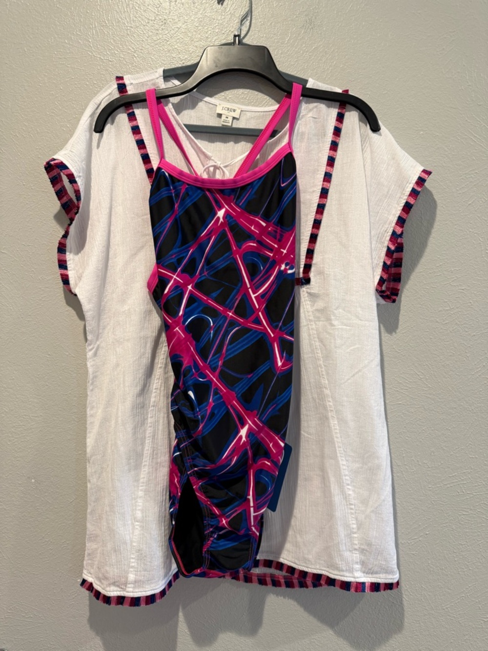 J Crew tunic and Waterpro Swimsuit with Pink & Blue Abstract Print